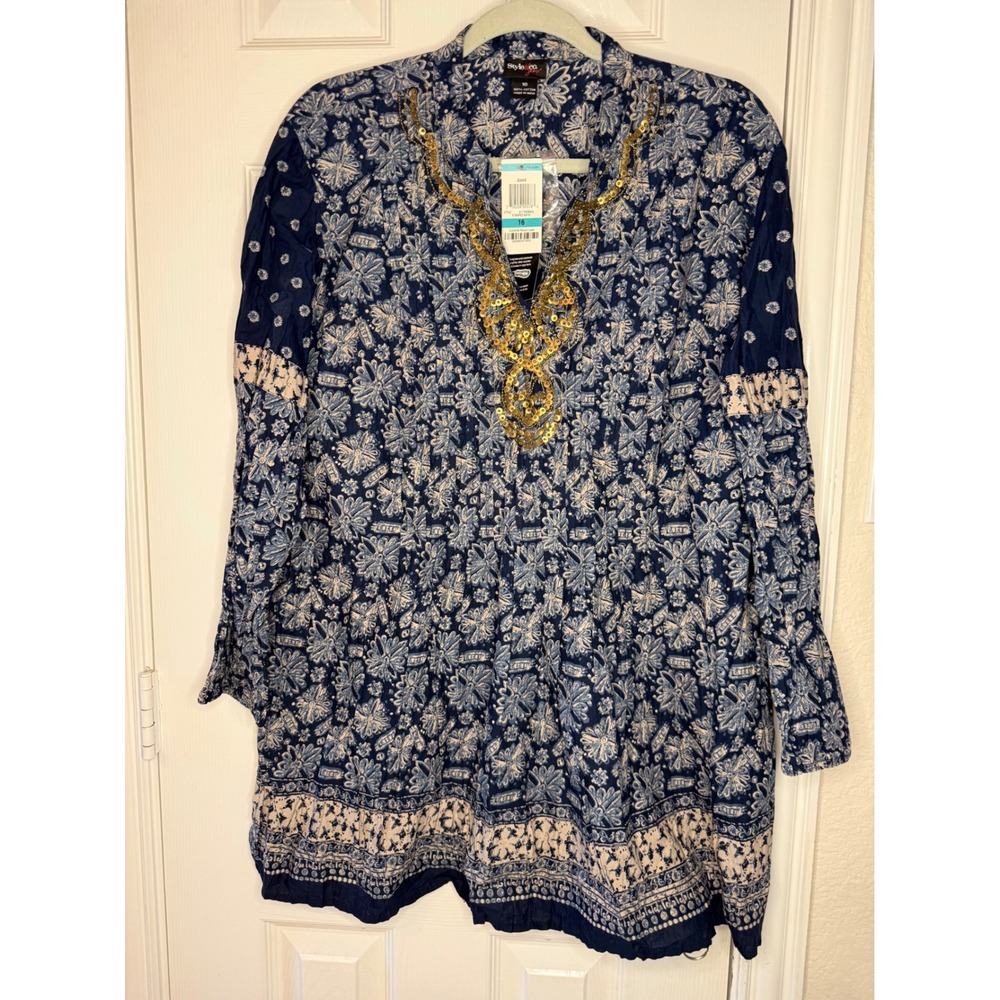 Style & Co 100%Cotton Embellished Tunic Top Womens 16 Blue Boho Peasant NWT